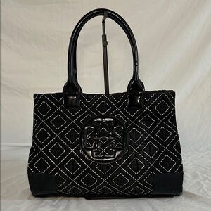 Tory Burch Ella Quilted Tote Bag Black White Stitching Details Large Purse